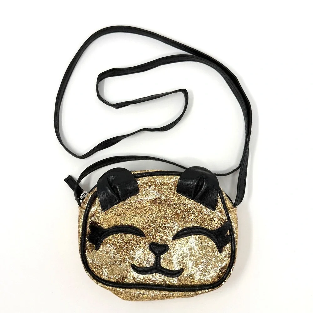Cat &‎ Jack Cat Face Crossbody Purse Gold Glitter Black Small